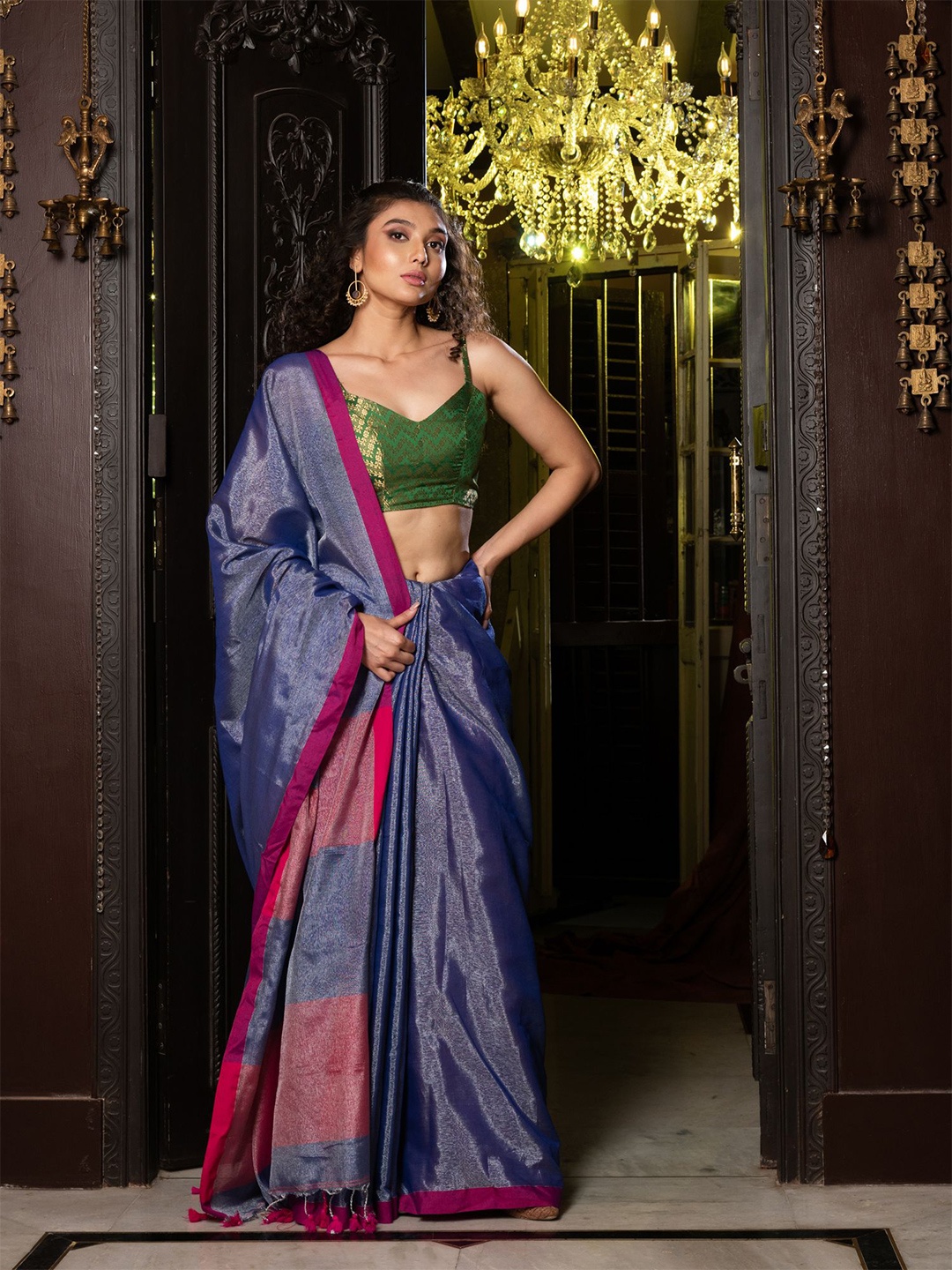 

Charukriti Blue & Pink Woven Design Tissue Saree