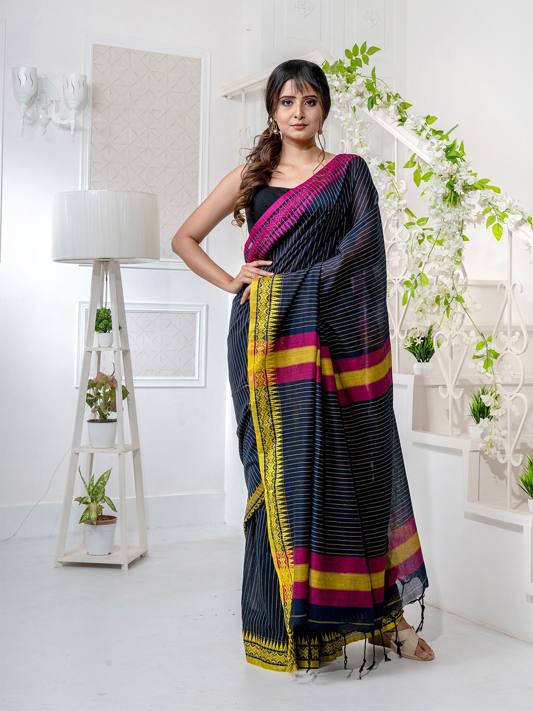 

Charukriti Blue & Pink Striped Embroidered Pure Cotton Saree