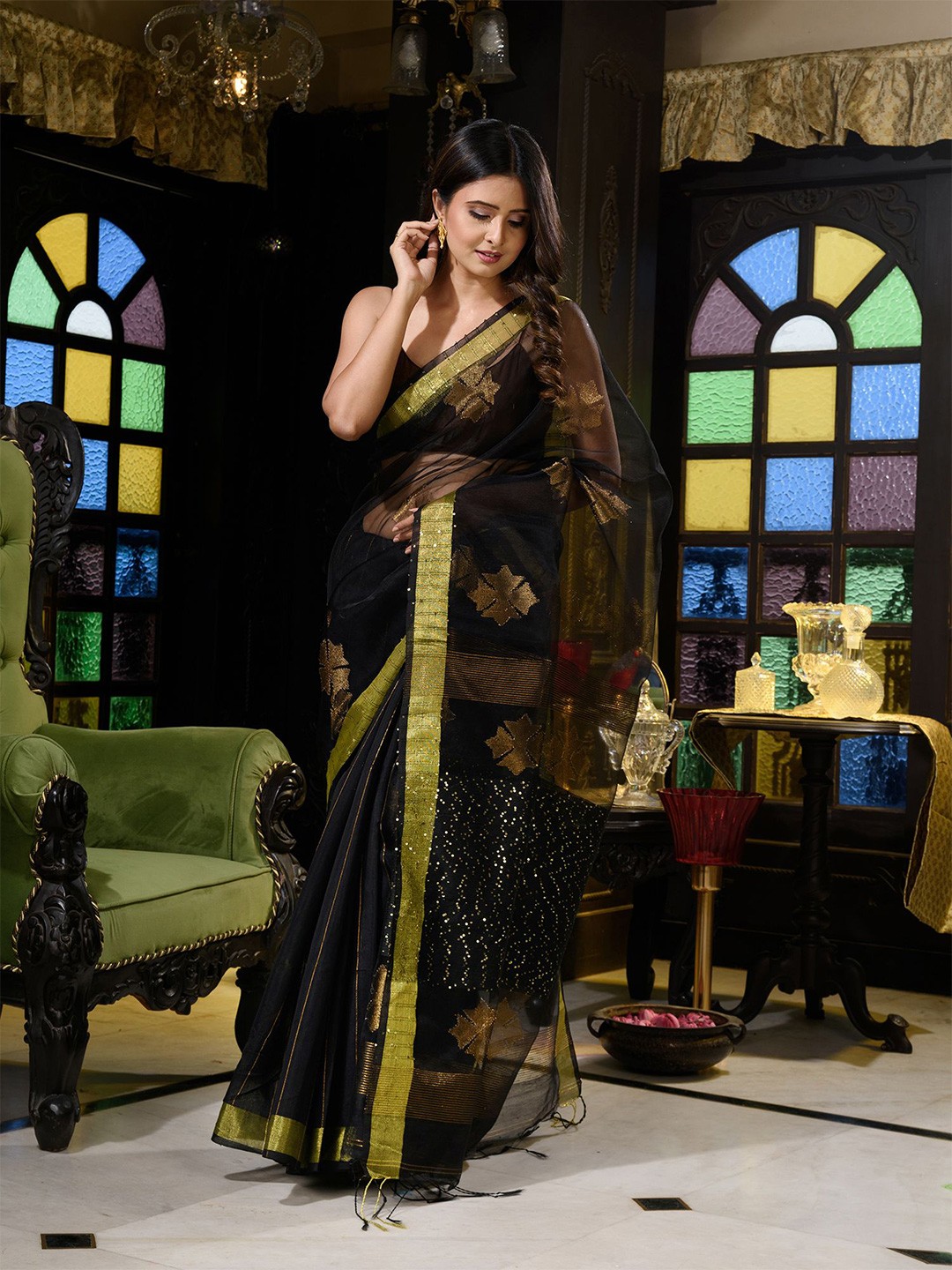 

Charukriti Black & Gold-Toned Woven Design Pure Silk Saree