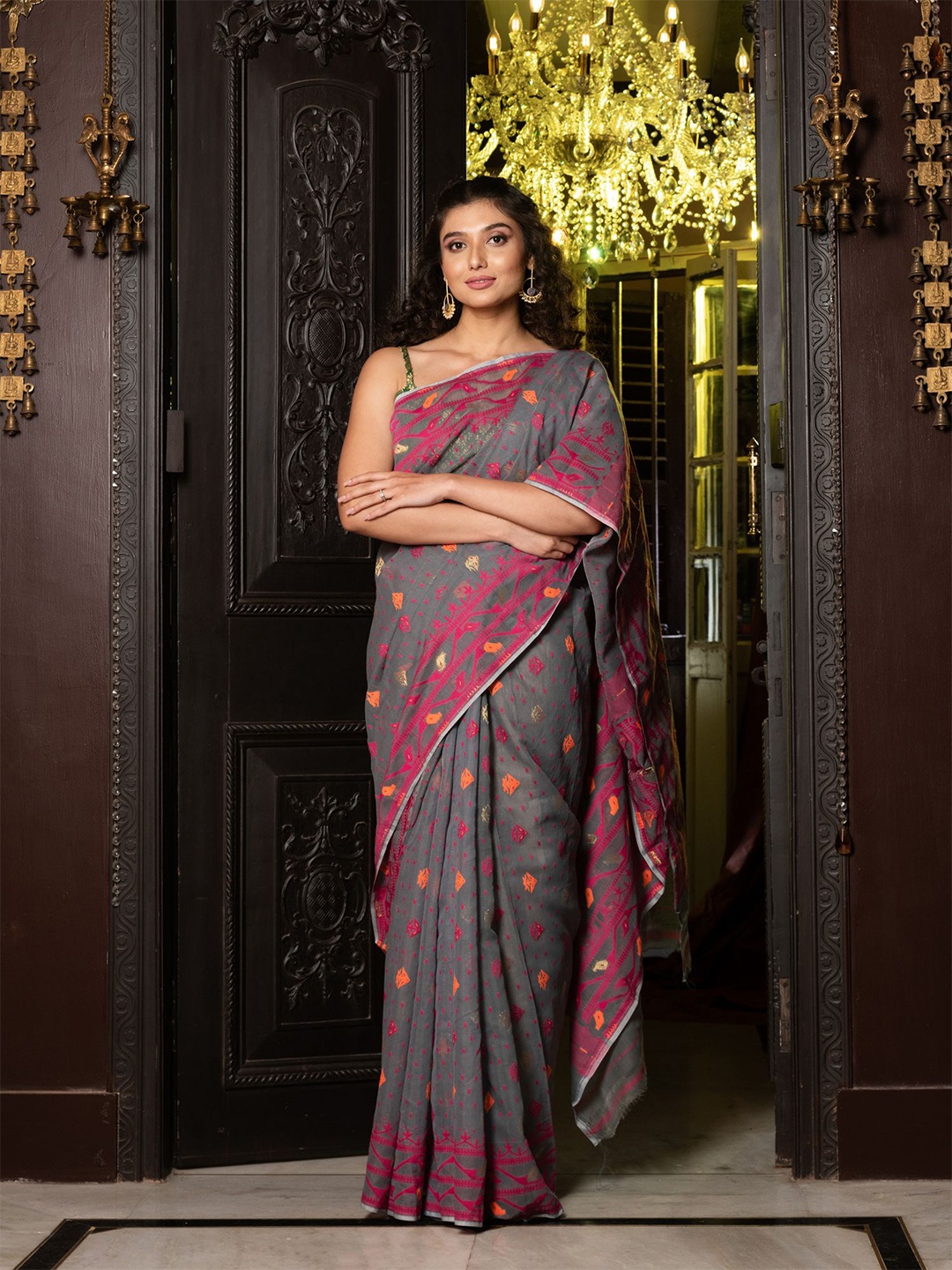 

Charukriti Grey & Orange Woven Design Silk Cotton Jamdani Saree