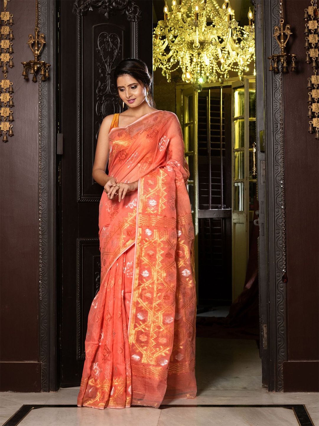 

Charukriti Orange & Gold-Toned Woven Design Silk Cotton Jamdani Saree