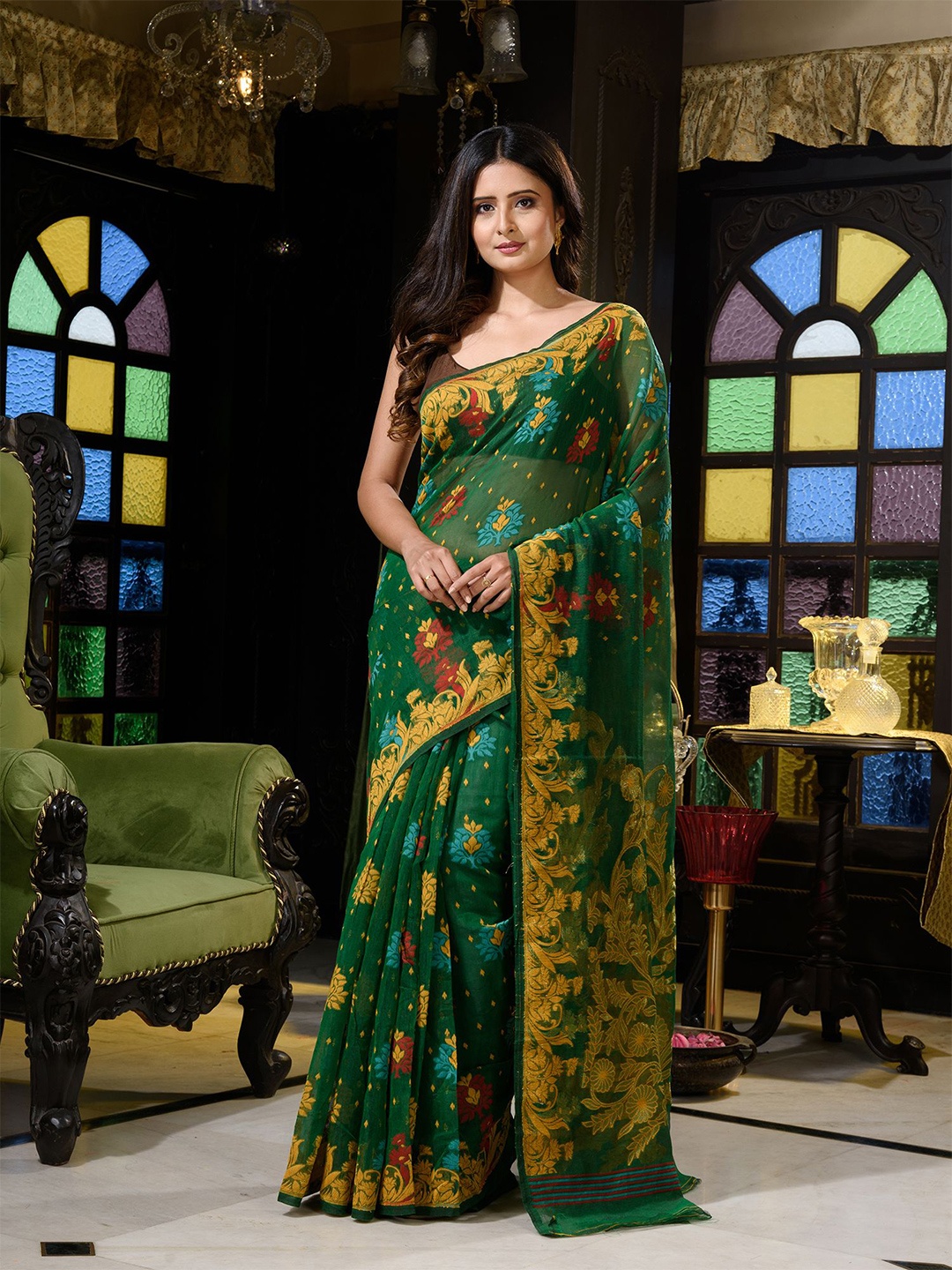 

Charukriti Green & Yellow Floral Woven Design Jamdani Saree