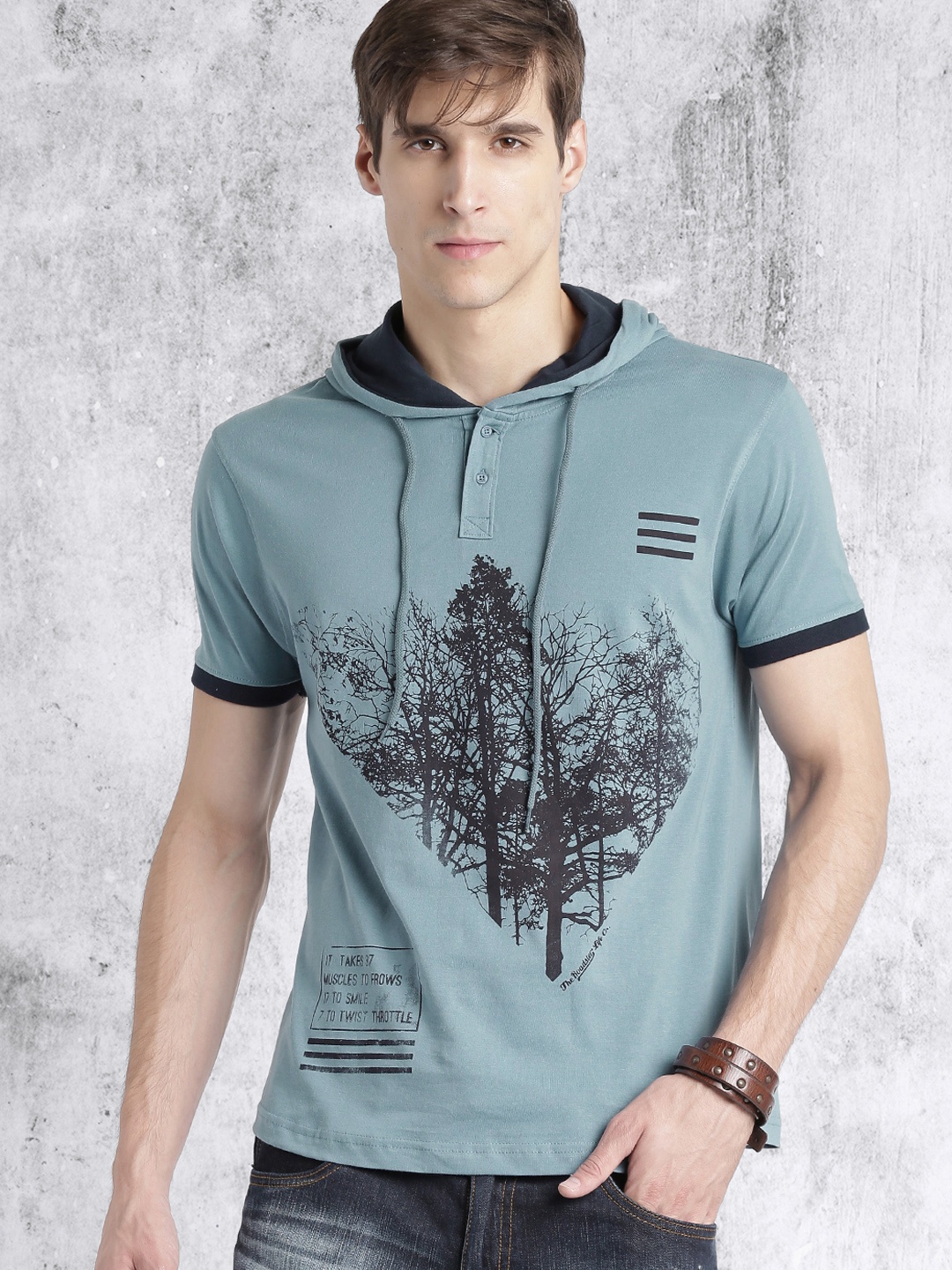

Roadster Men Blue Printed Hood Pure Cotton T-shirt