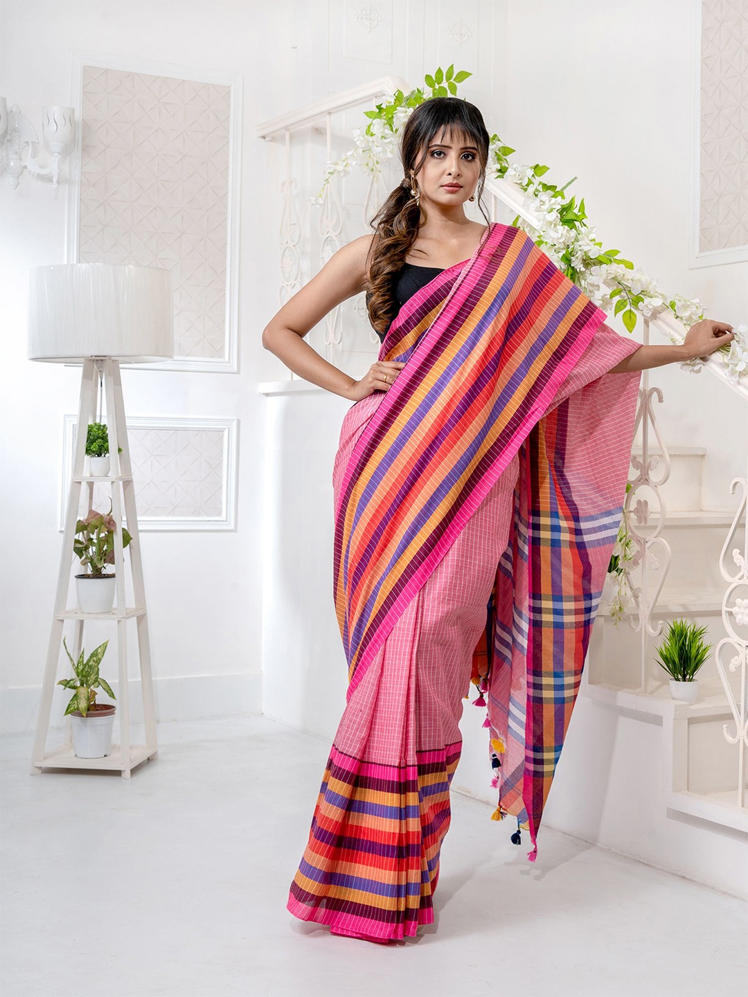 

Charukriti Pink & Blue Woven Design Pure Cotton Saree
