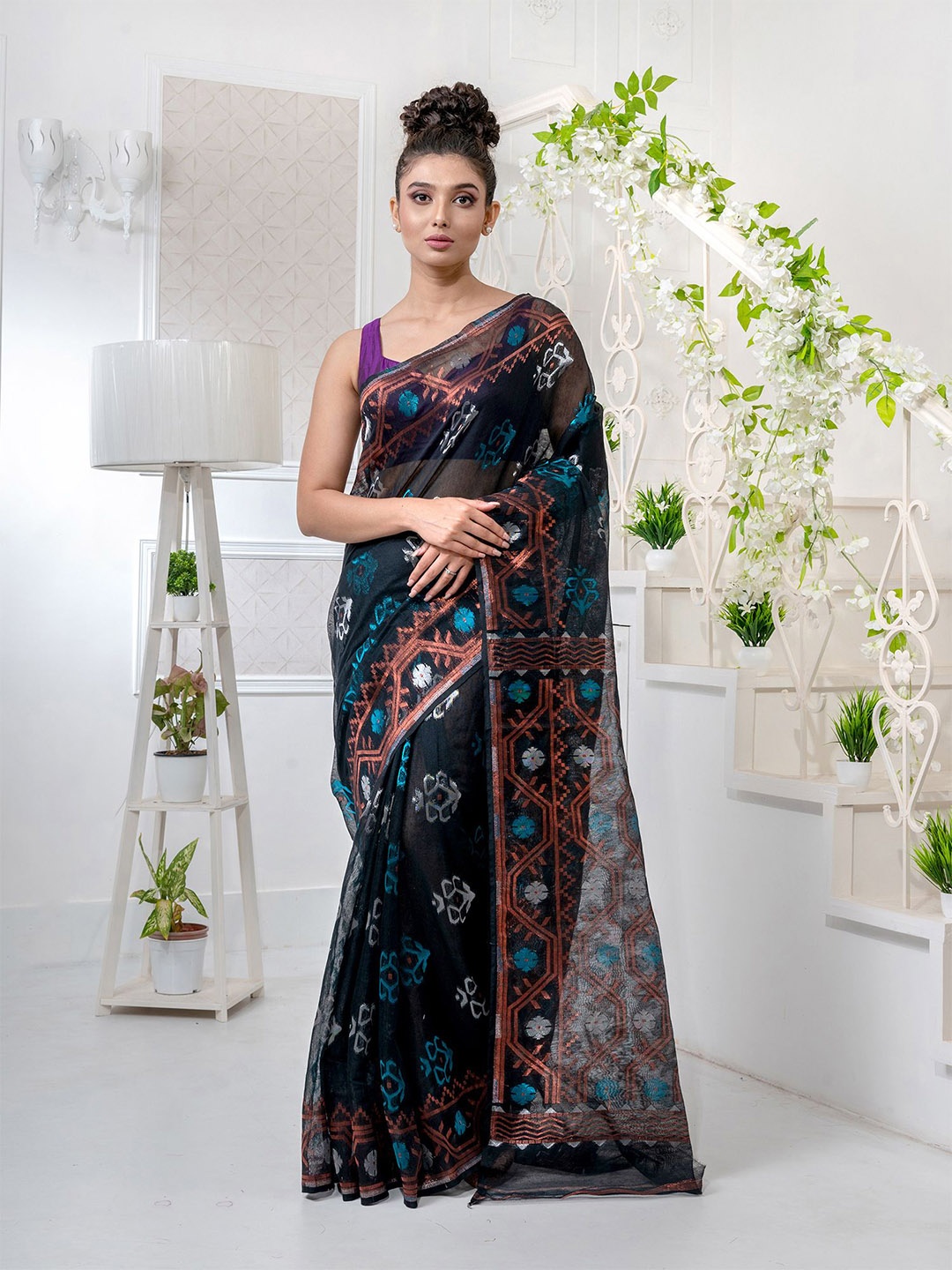 

Charukriti Black & Blue Woven Design Zari Silk Cotton Jamdani Saree
