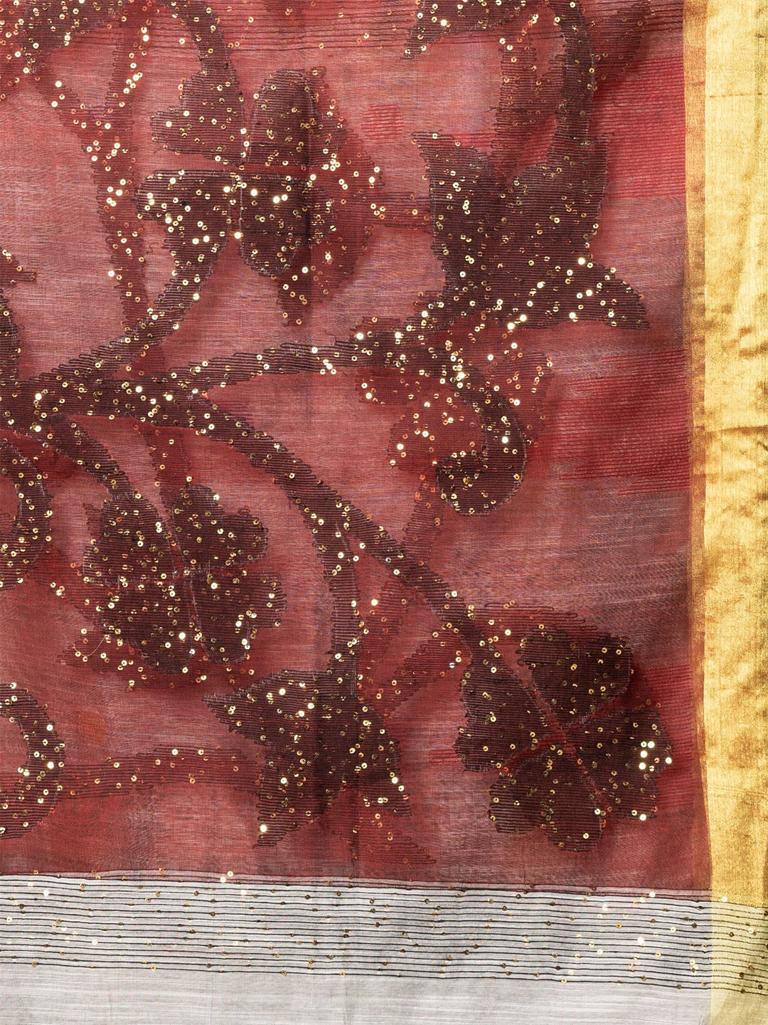 

Charukriti Grey & Gold-Toned Woven Design Sequinned Saree