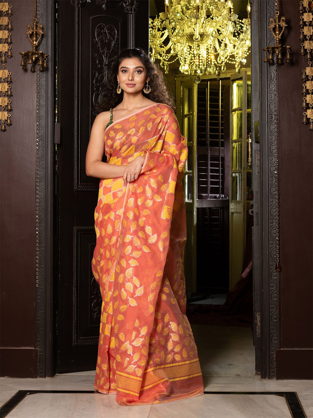 

Charukriti Orange & Gold-Toned Woven Design Silk Cotton Jamdani Saree