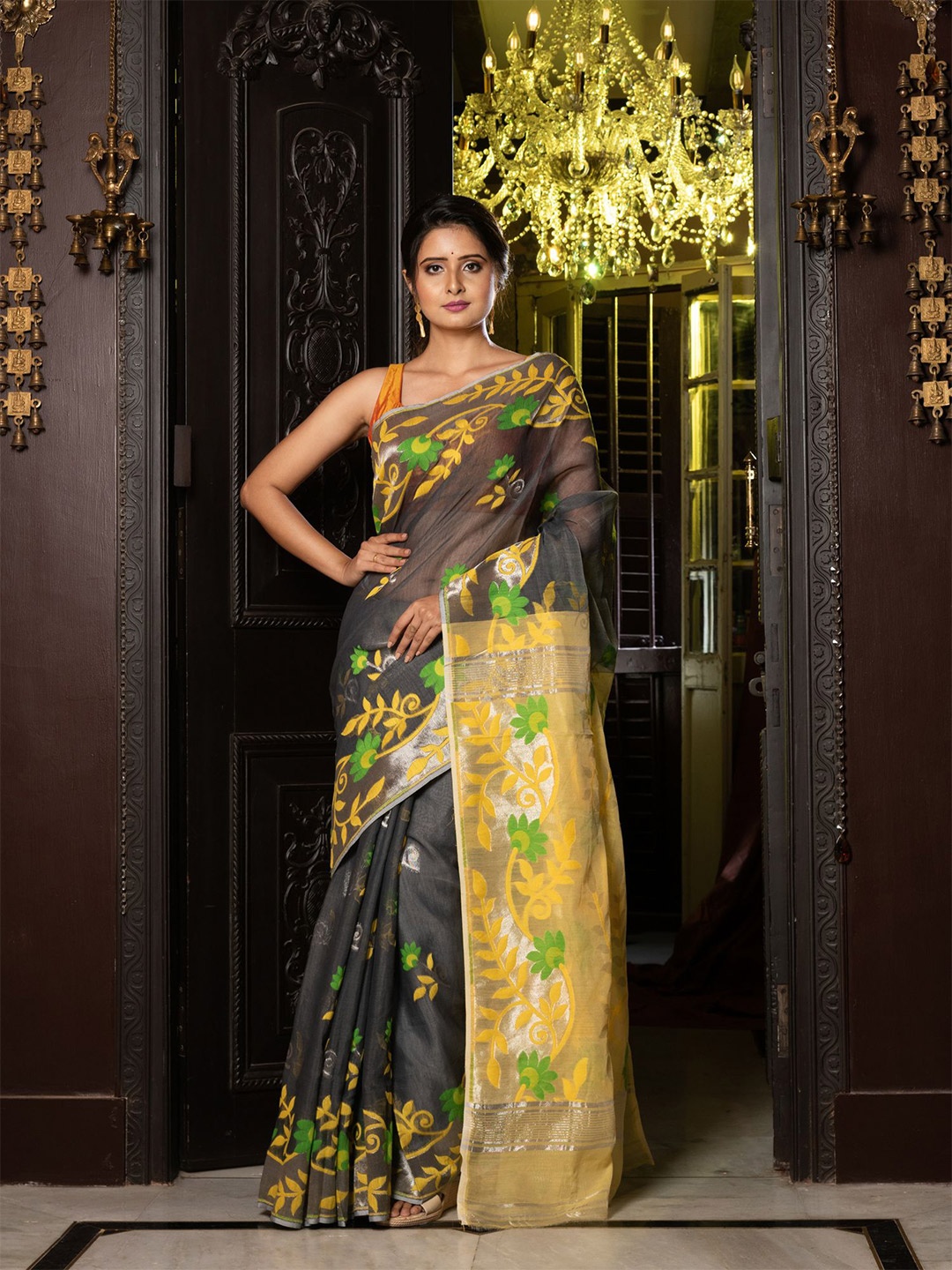 

Charukriti Grey & Yellow Floral Silk Cotton Jamdani Saree