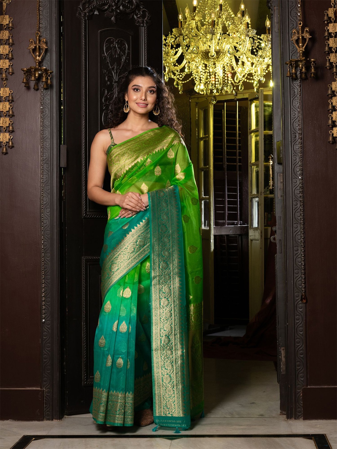 

Charukriti Green & Gold-Toned Ethnic Motifs Organza Saree