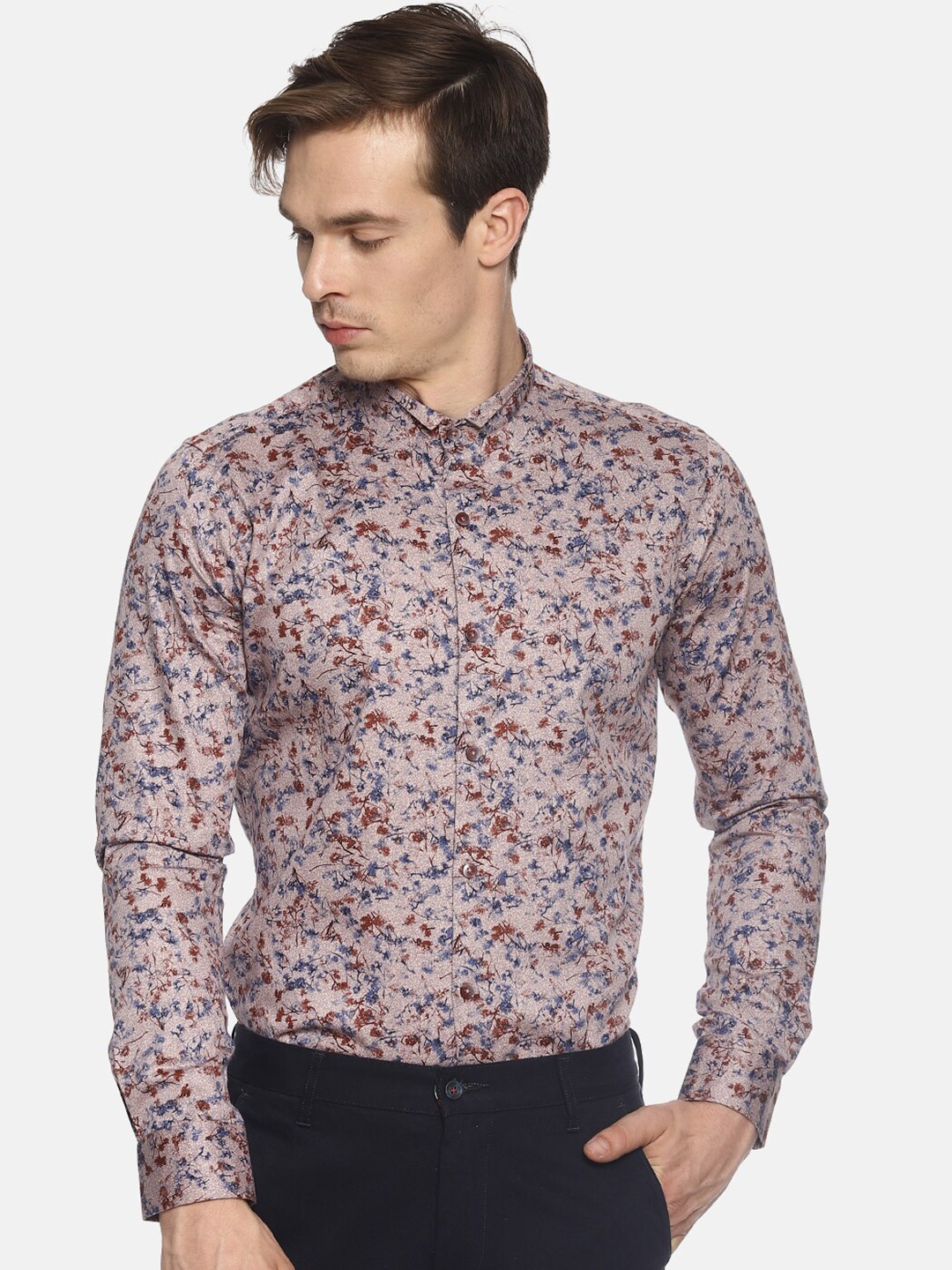 

COUPER & COLL Men Peach-Coloured & Blue Premium Slim Fit Floral Printed Party Shirt