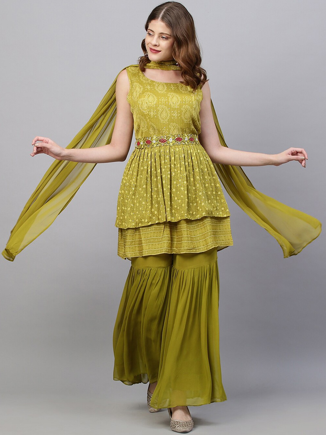 

FASHOR Women Green Embroidered High Slit Sequinned Kurta with Sharara