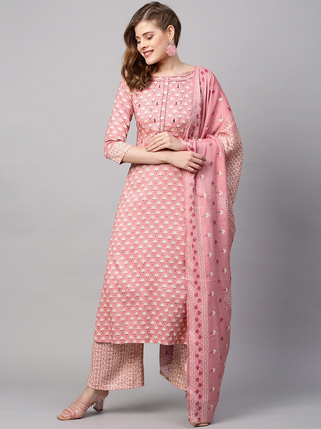 

FASHOR Women Pink Printed Hand Embroidered Kurta with Palazzo & Dupatta