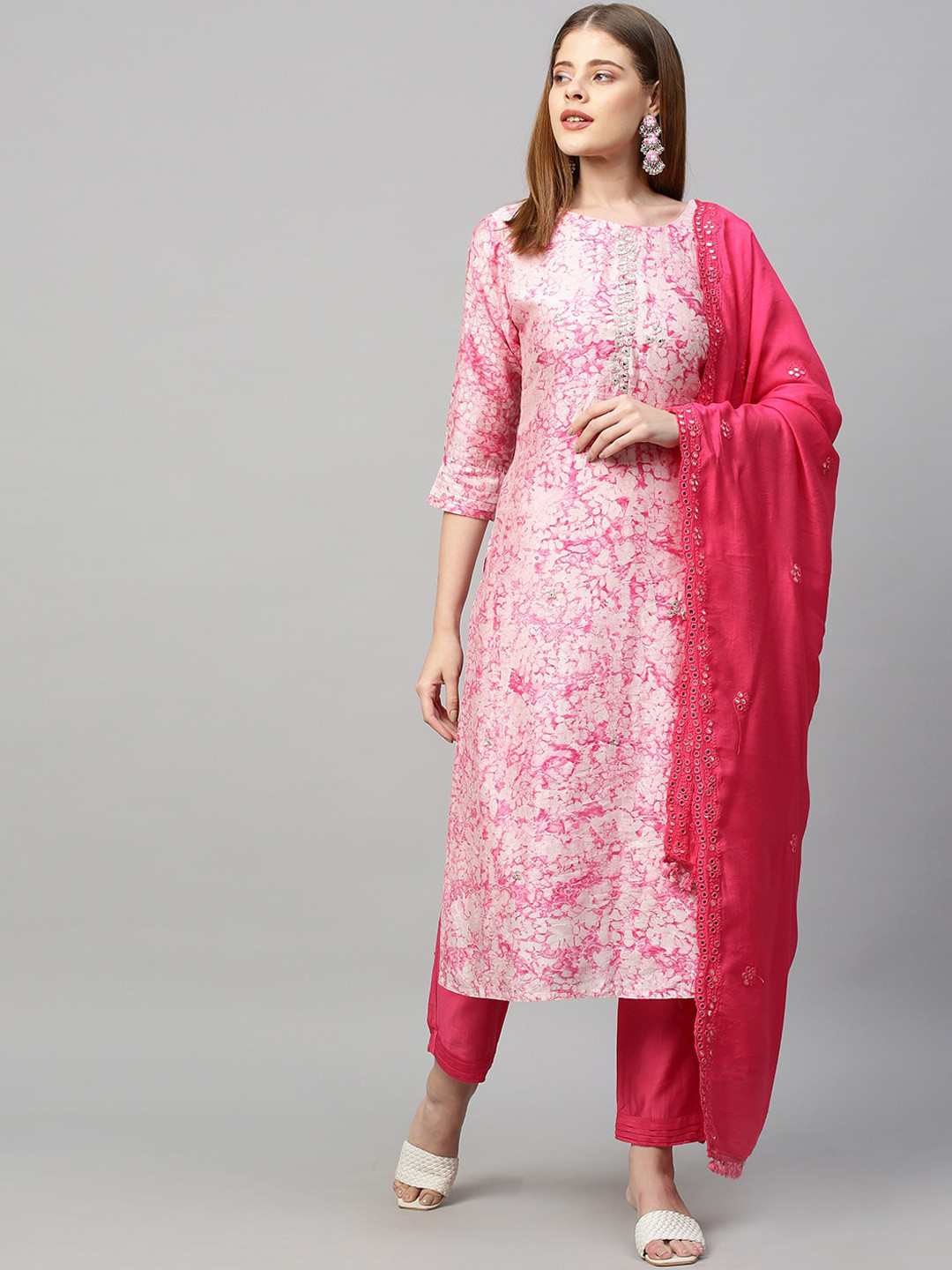

FASHOR Pink Floral Printed & Hand Embroidered Kurta with Pants & Dupatta