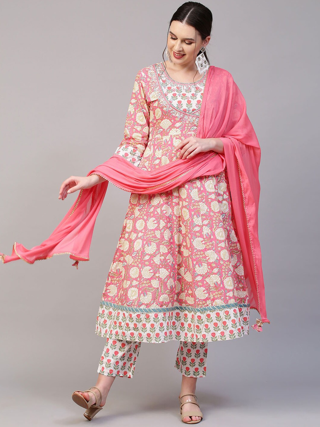 

FASHOR Women Pink Floral Printed Angrakha Pure Cotton Kurta with Trousers & Dupatta