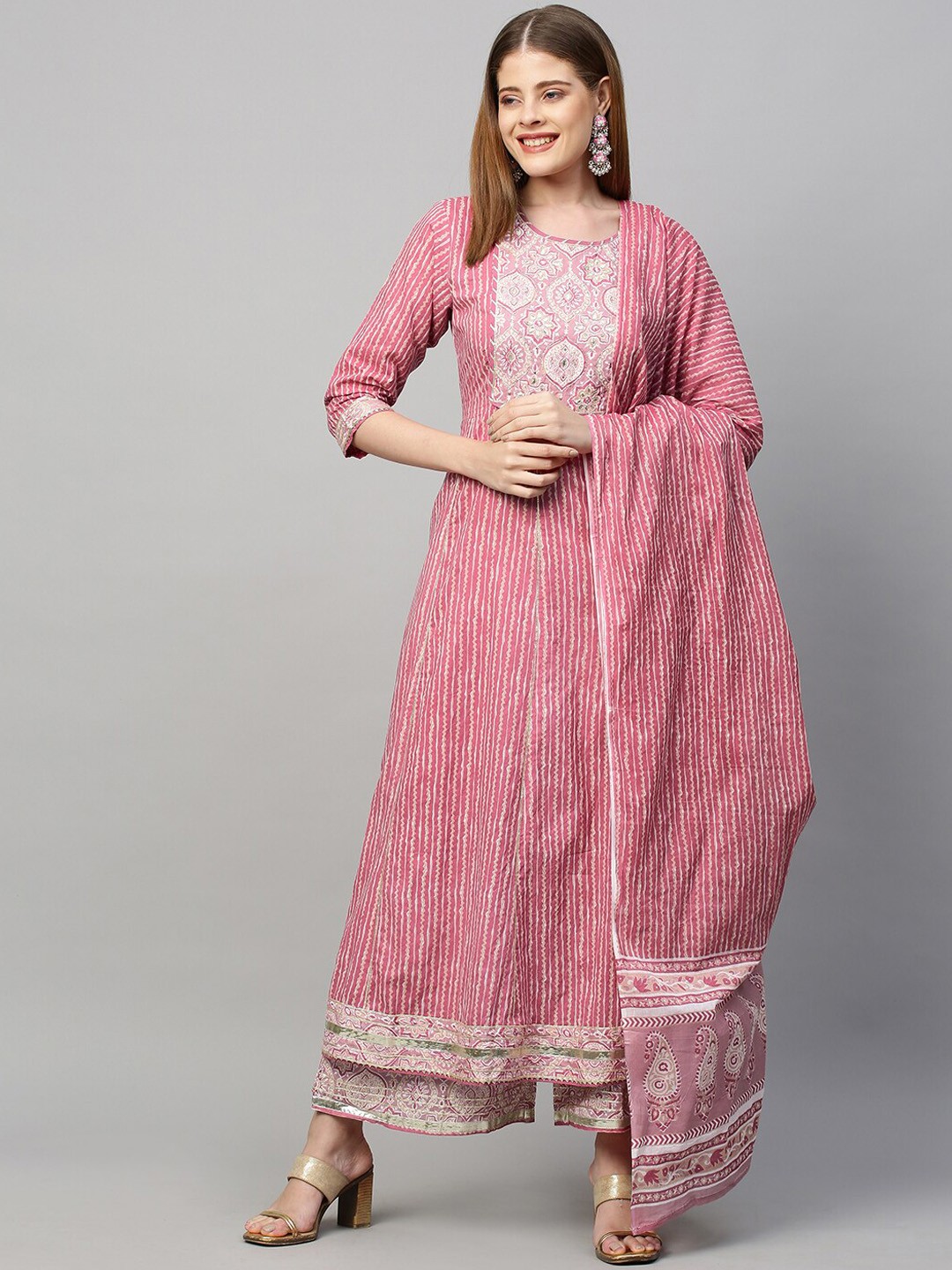 

FASHOR Pink Embroidered Pure Cotton Kurta with Palazzo and Dupatta