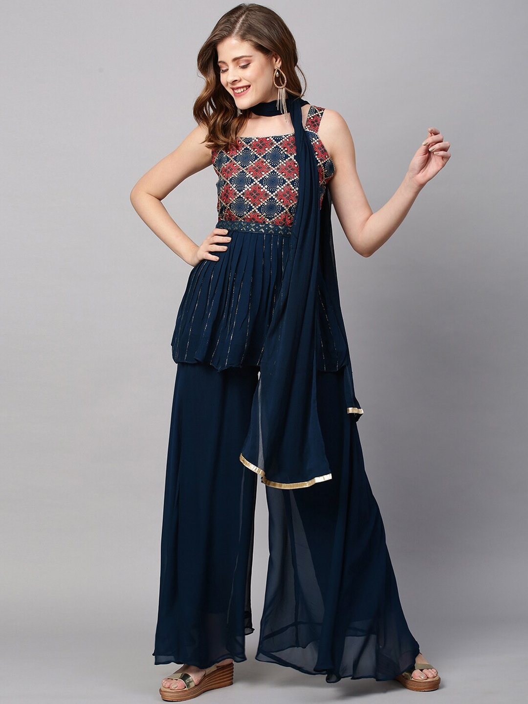 

FASHOR Women Blue Embroidered Pleated Sequinned Kurti with Palazzo & Dupatta