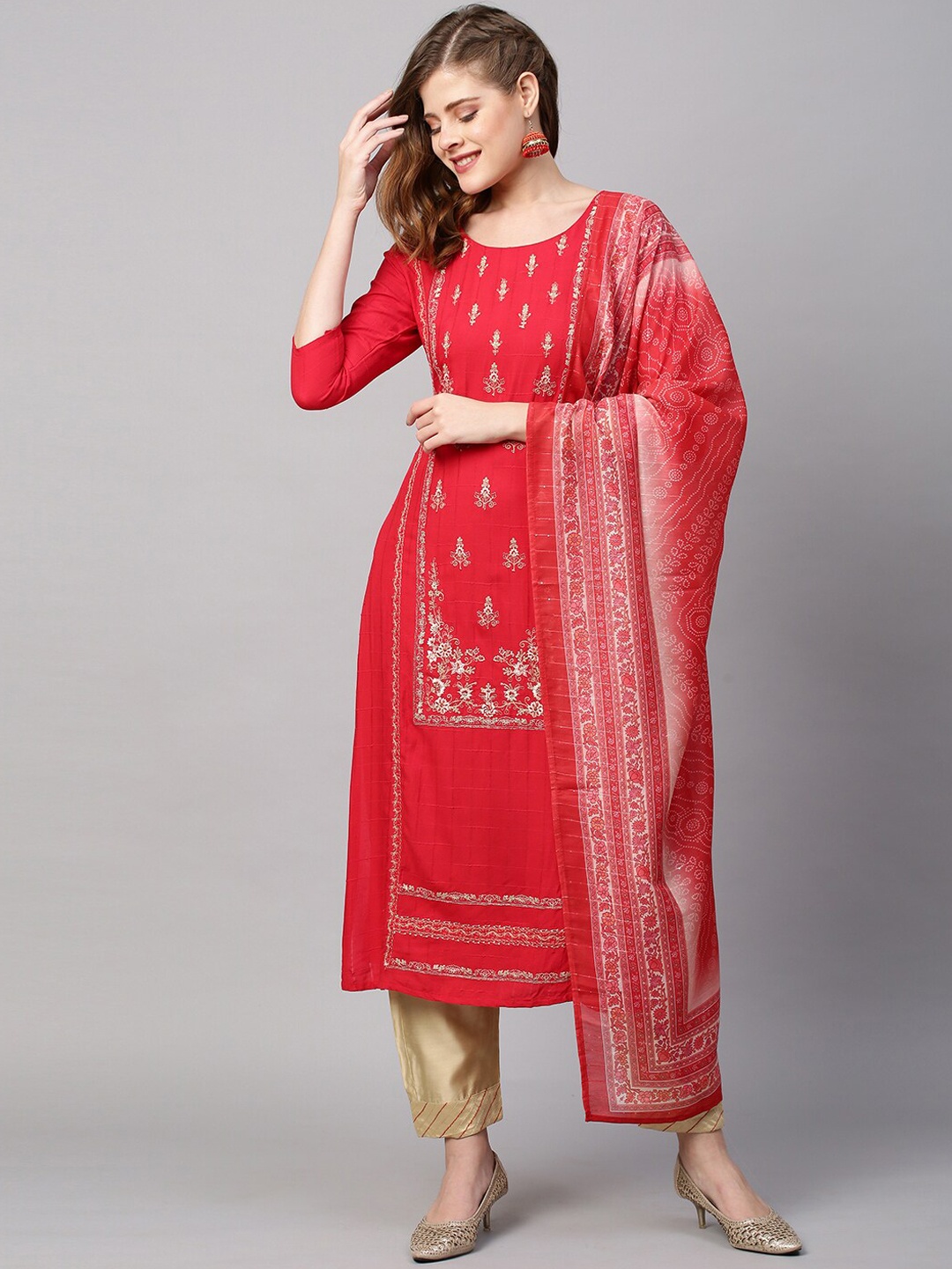 

FASHOR Women Red Ethnic Motifs Embroidered0 Kurta with Pant & Dupatta