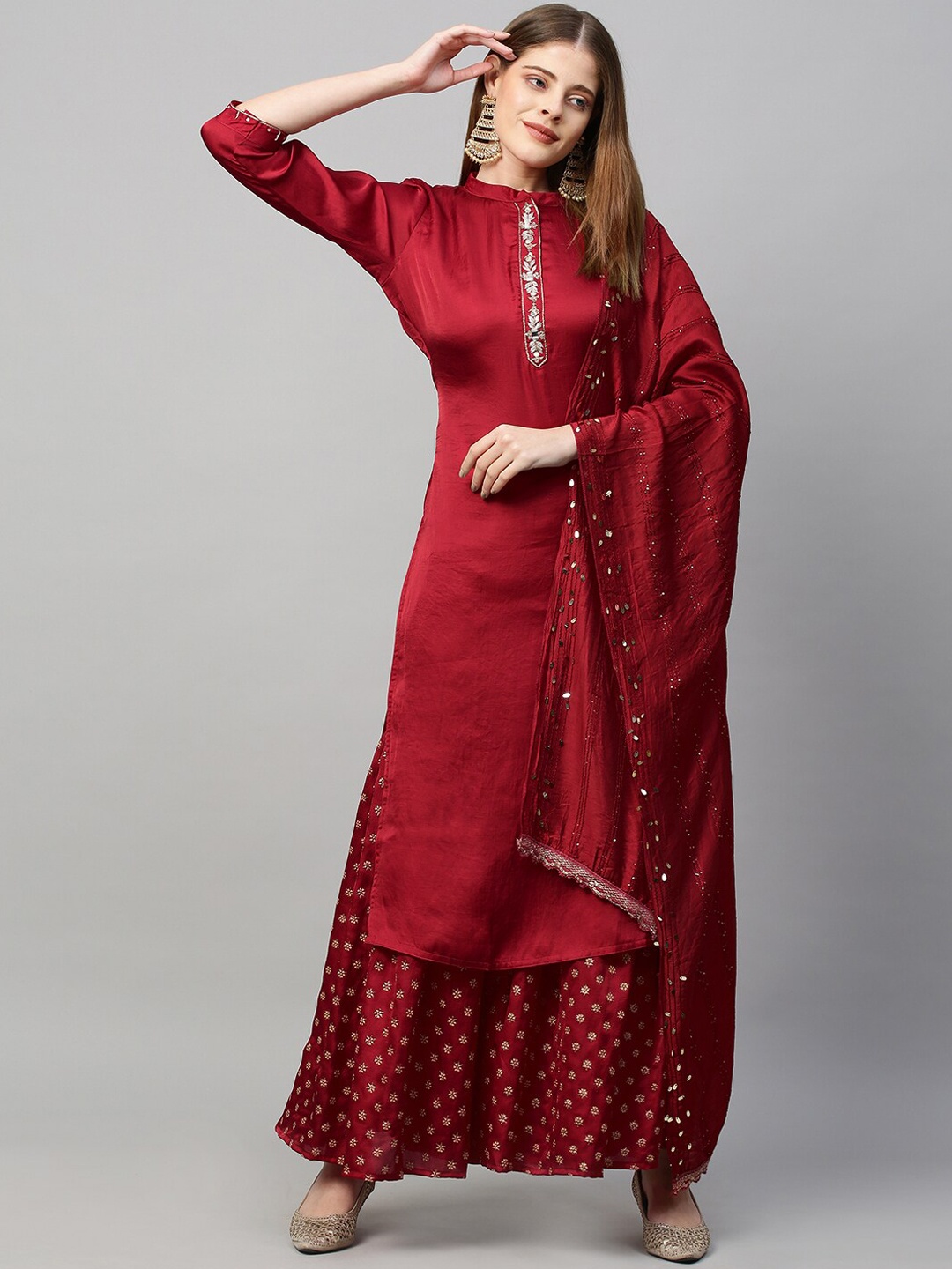 

FASHOR Women Maroon Embroidered Zardozi Kurti with Sharara & With Dupatta