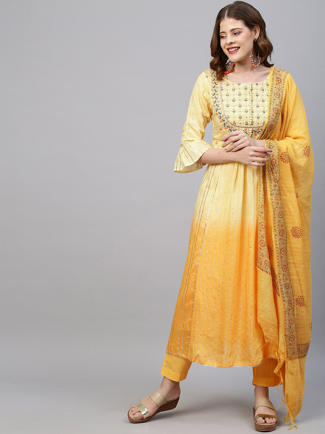 

FASHOR Women Yellow Ethnic Motifs Embroidered Chanderi Silk Kurta with Trousers & Dupatta
