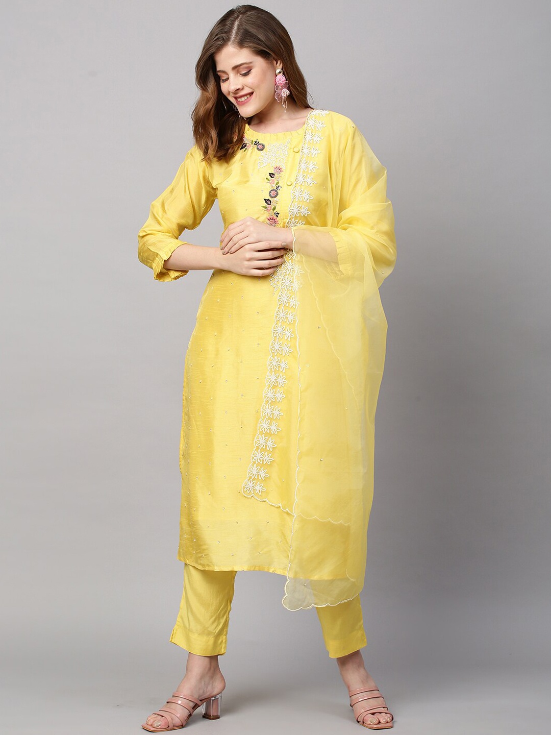 

FASHOR Yellow Floral Embroidered Sequinned Kurta with Trousers & Dupatta