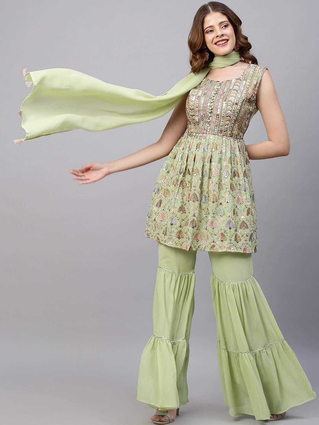 

FASHOR Women Green Ethnic Motifs Embroidered Mirror Work Kurti with Sharara & Dupatta