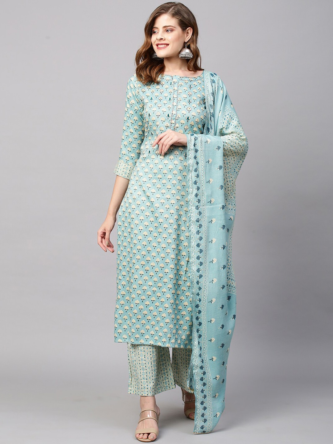 

FASHOR Women Blue Printed Panelled Sequinned Kurti with Palazzos & With Dupatta