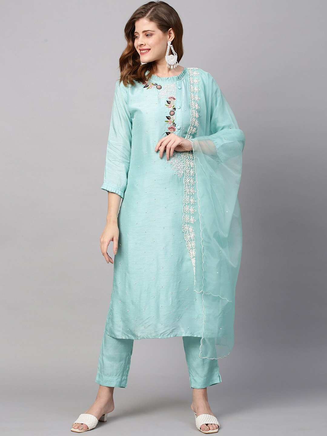 

FASHOR Women Blue Hand Embroidered Kurta with Trousers & Dupatta