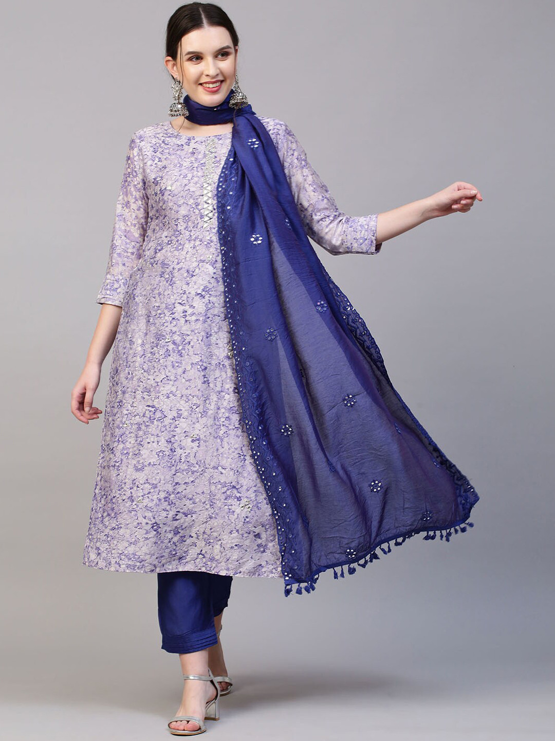 

FASHOR Women Violet Floral Printed Mirror Work Chanderi Silk Kurta with Palazzos & With Dupatta