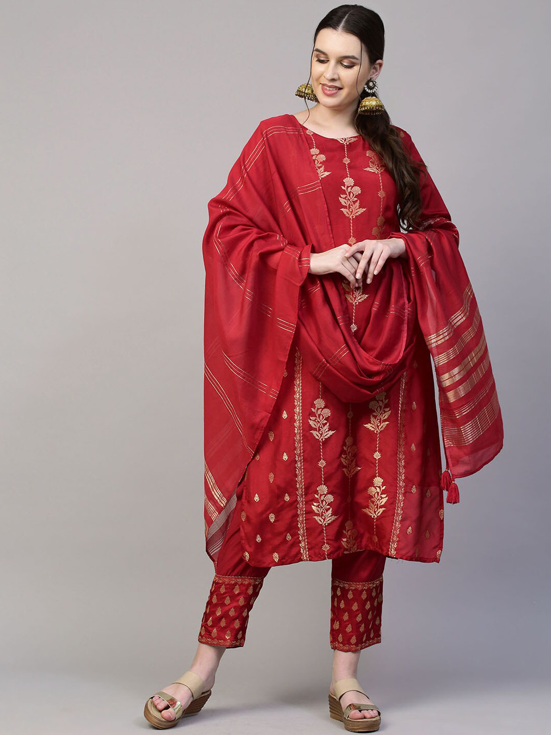 

FASHOR Women Red Ethnic Motifs A-line Kurta with Trousers & Dupatta