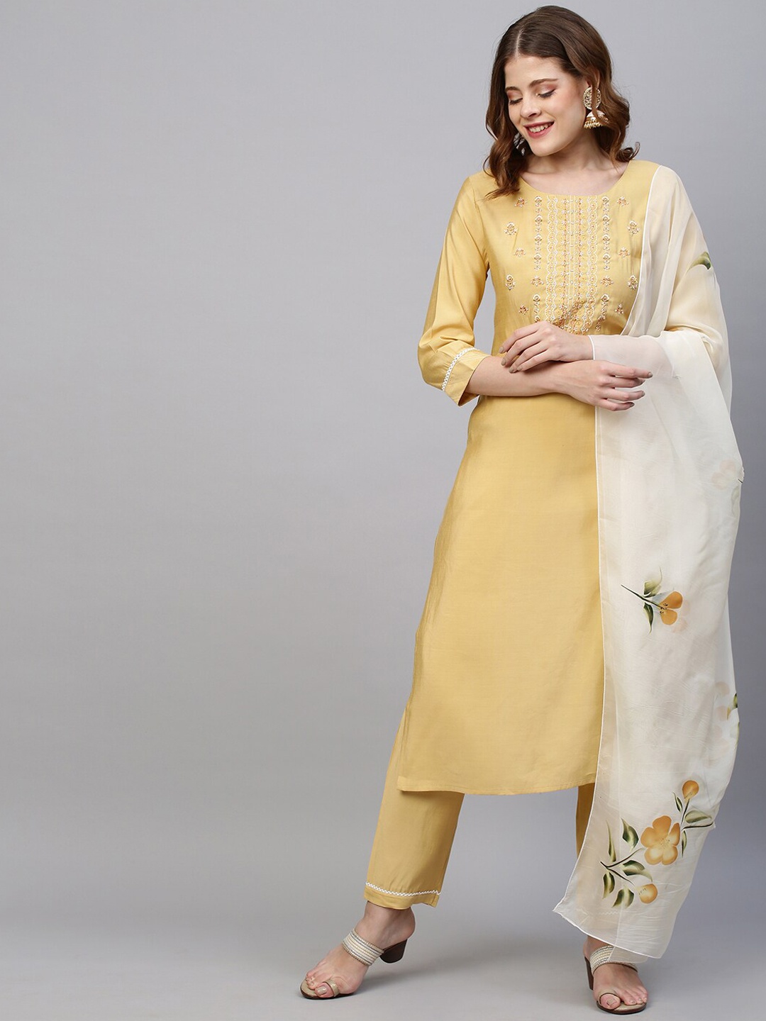 

FASHOR Women Yellow Floral Embroidered Kurta with Trousers & Dupatta