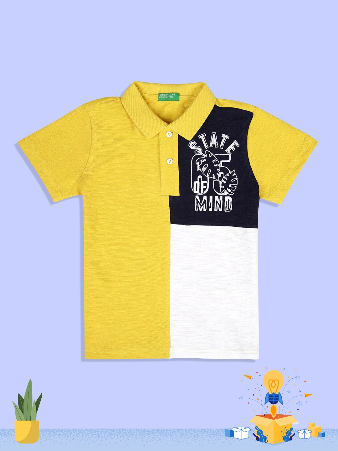 

United Colors of Benetton Boys Grey & sandstorm Colourblocked Polo Collar Applique T-shirt