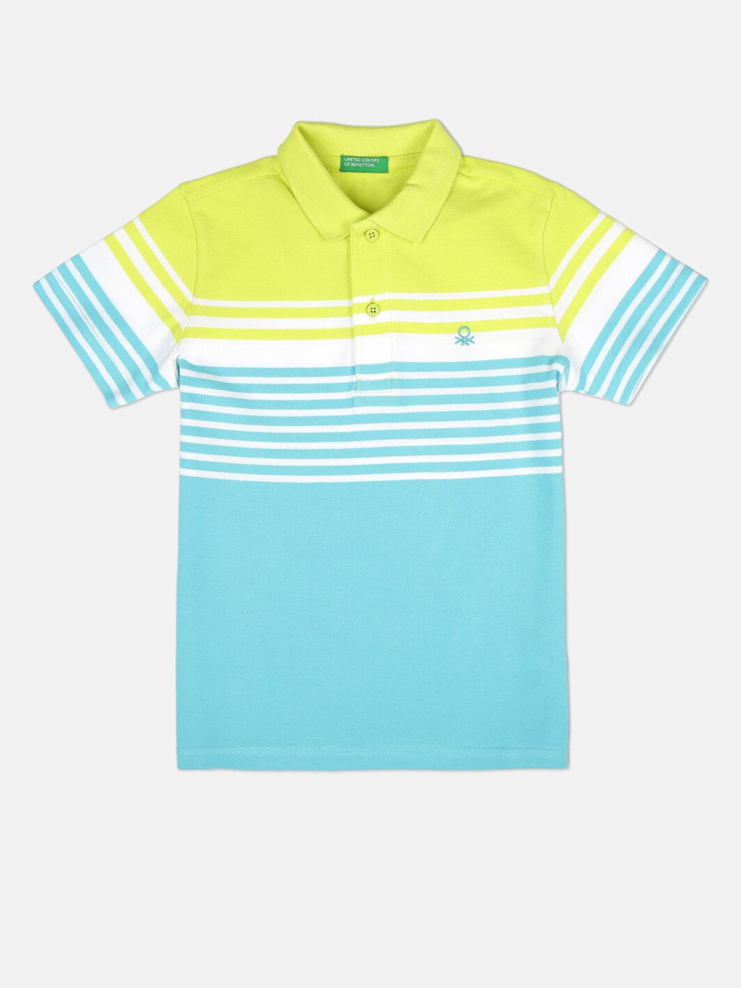 

United Colors of Benetton Boys Blue & sharp green Striped Polo Collar T-shirt