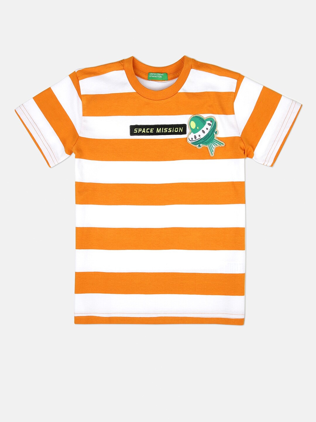 

United Colors of Benetton Boys Orange & white Striped Applique T-shirt