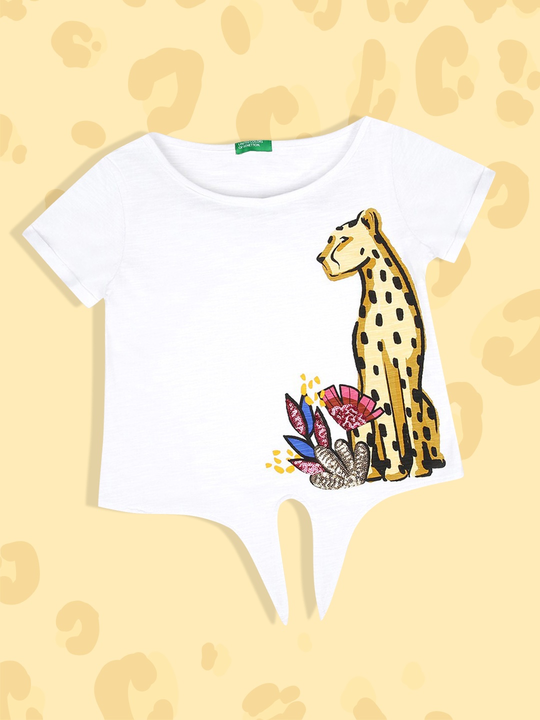 

United Colors of Benetton Girls Yellow & ghost white Printed Applique T-shirt