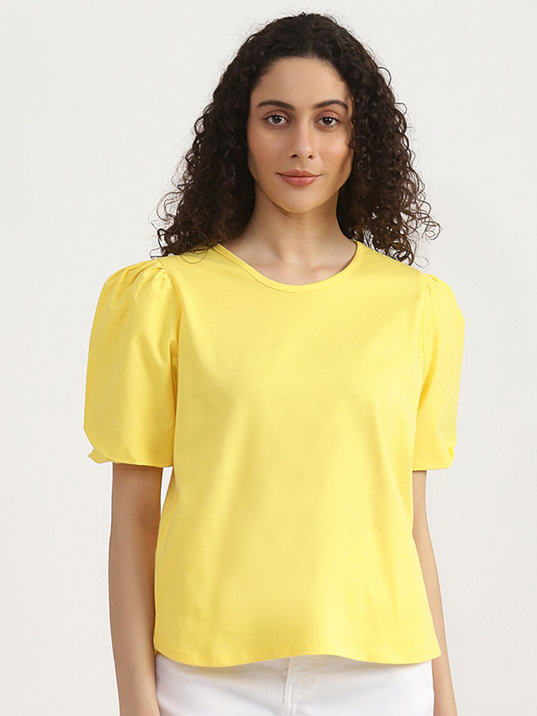 

United Colors of Benetton Yellow Solid Puff Sleeves Knitted Pure Cotton Top