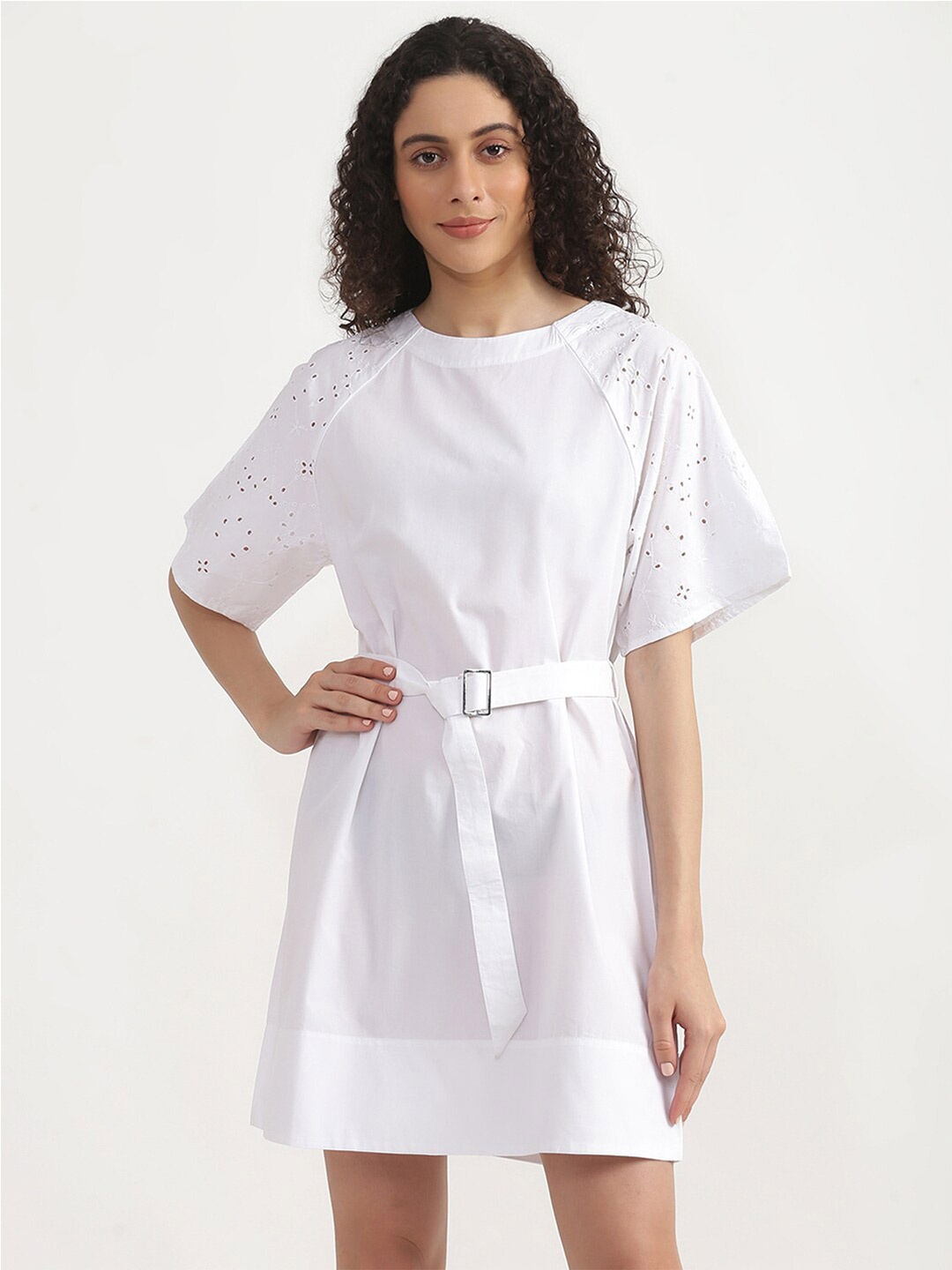 

United Colors of Benetton White Schiffli Belted A-Line Dress