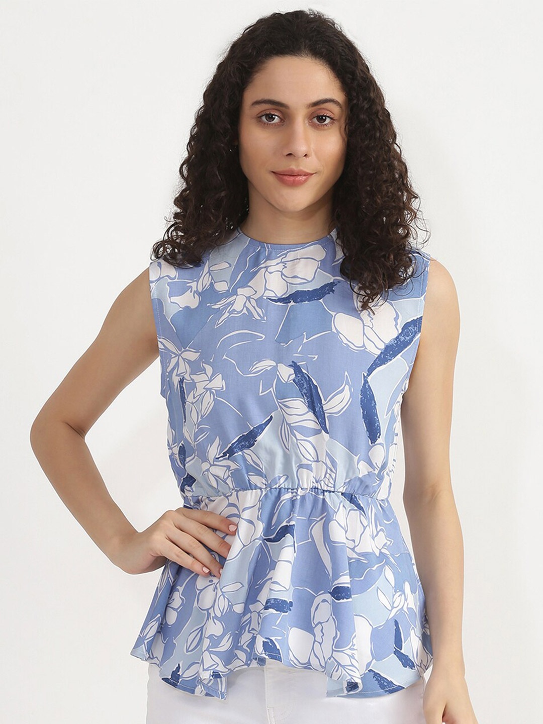 

United Colors of Benetton Blue Floral Print Peplum Top