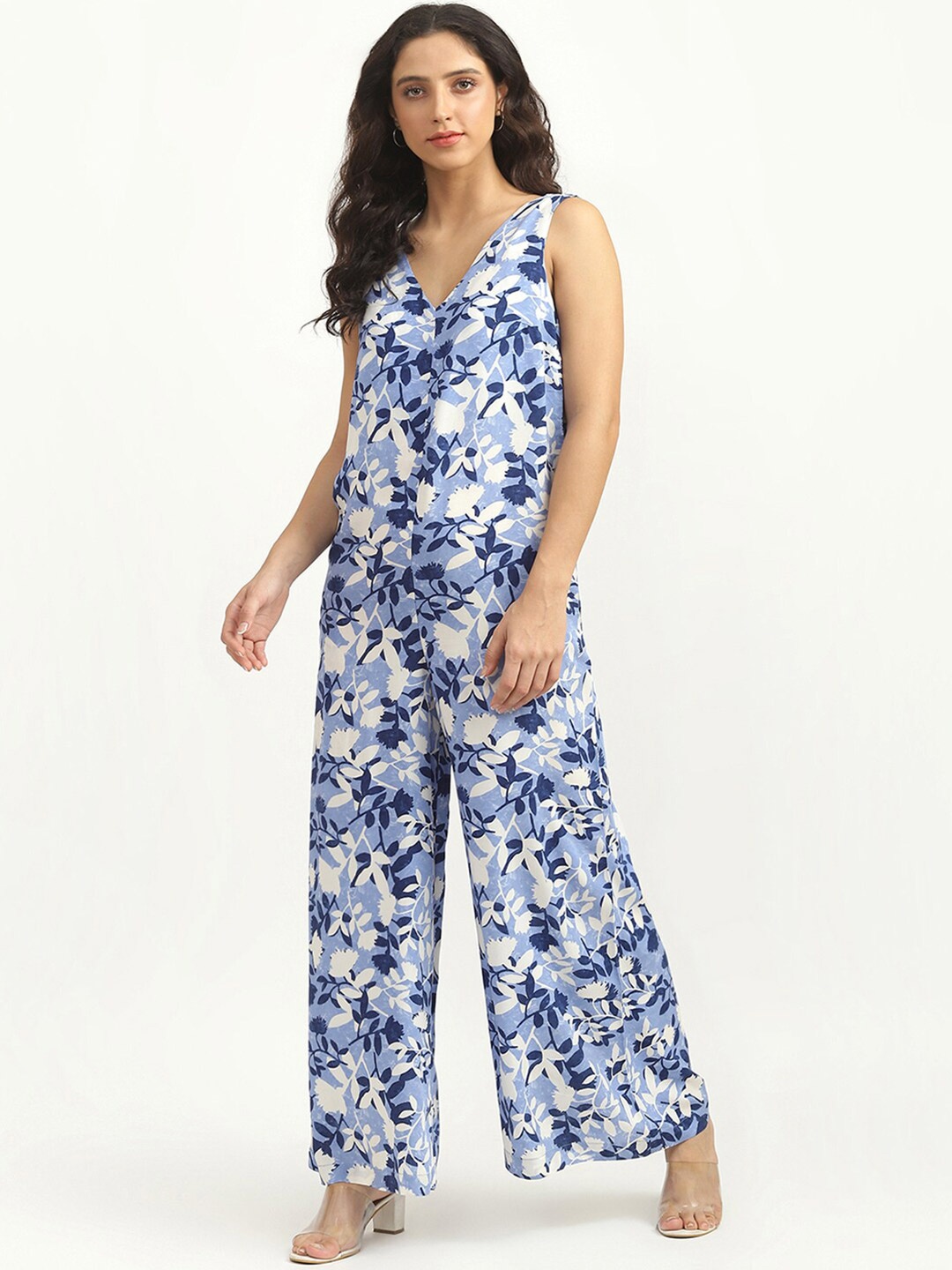 

United Colors of Benetton Blue & White Printed Basic Jumpsuit