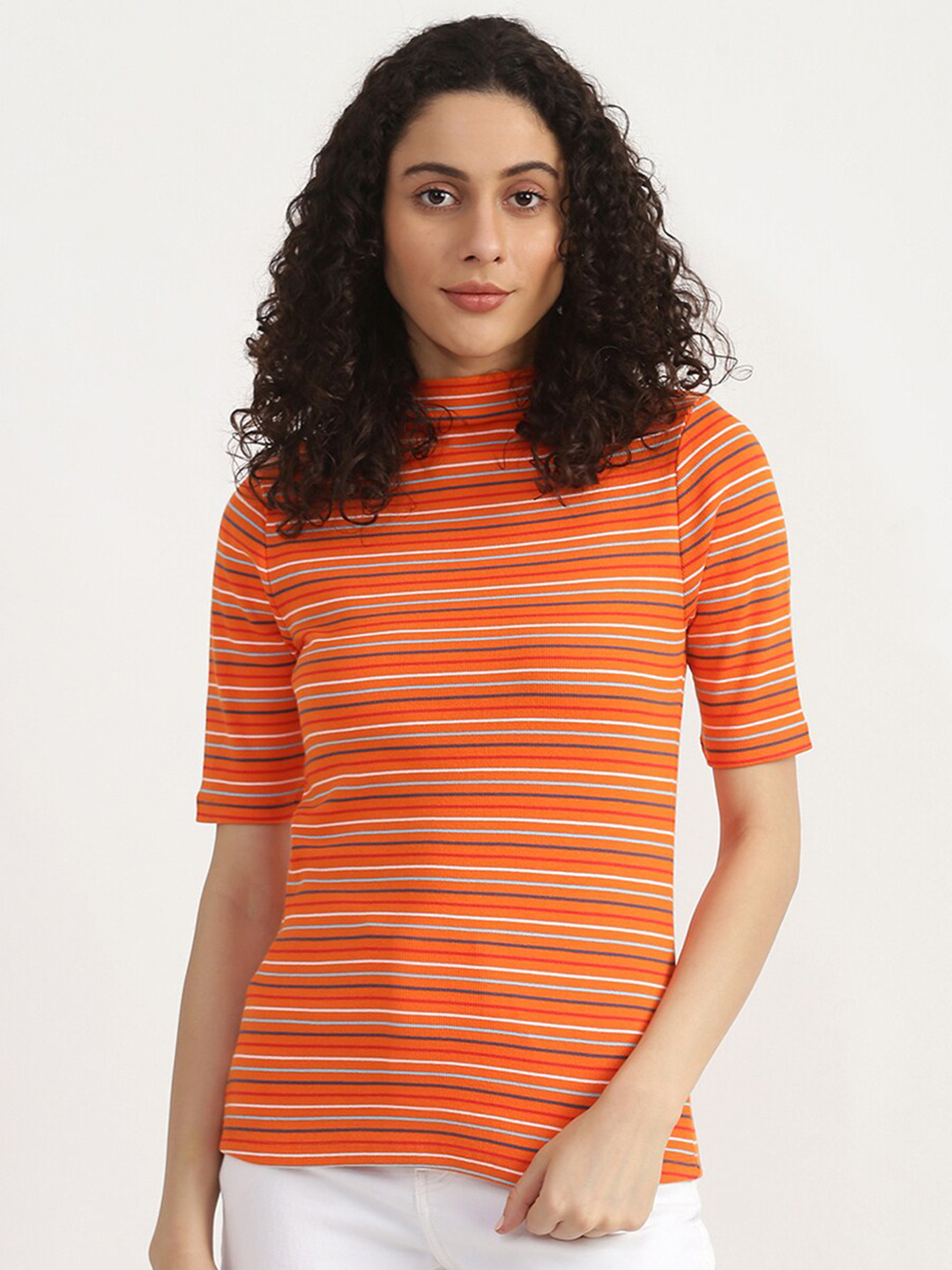 

United Colors of Benetton Women Navy Blue & scarlet sage Striped V-Neck Drop-Shoulder Sleeves T-shirt