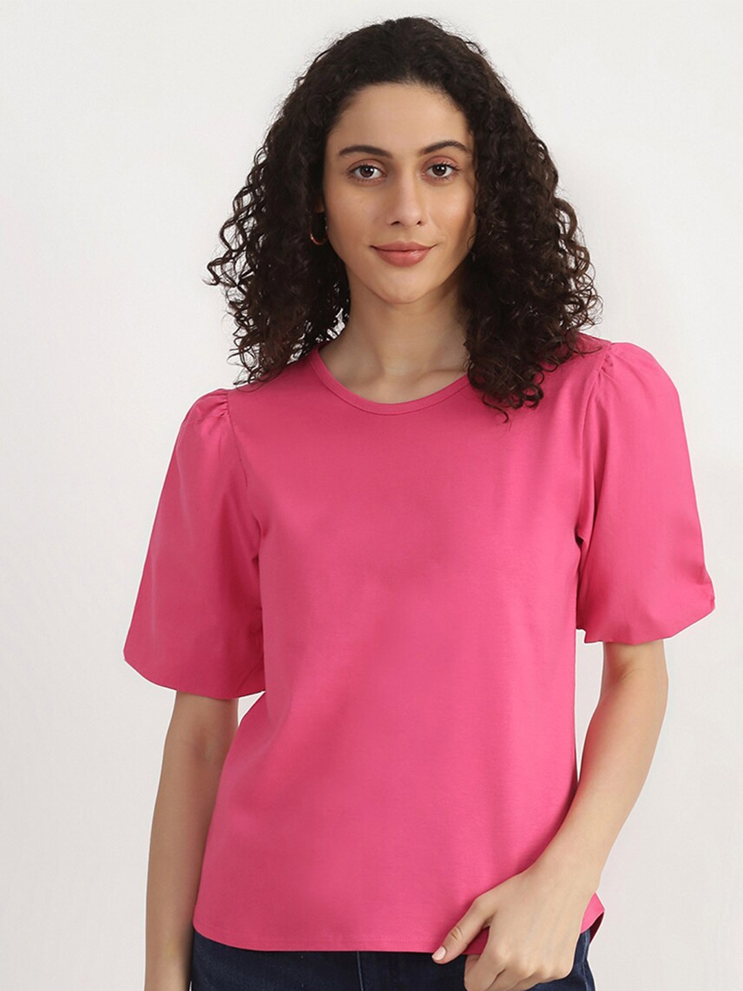 

United Colors of Benetton Pink Solid Puff Sleeves Pure Cotton Knitted Top