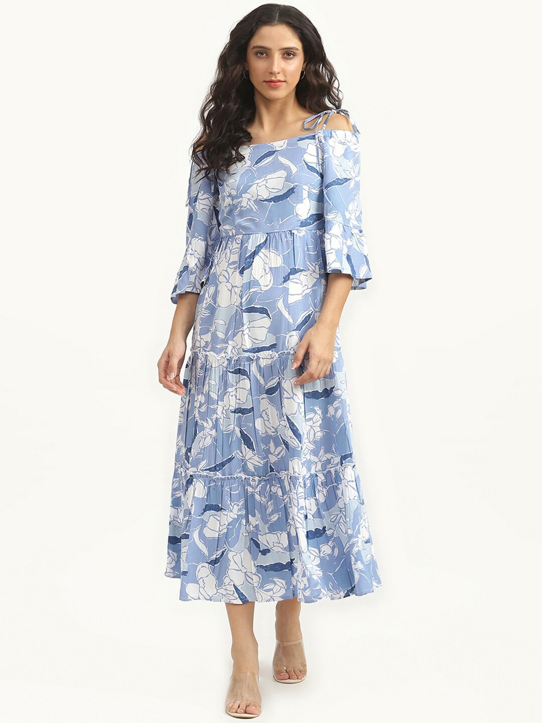

United Colors of Benetton Blue & White Floral Off-Shoulder Midi Dress