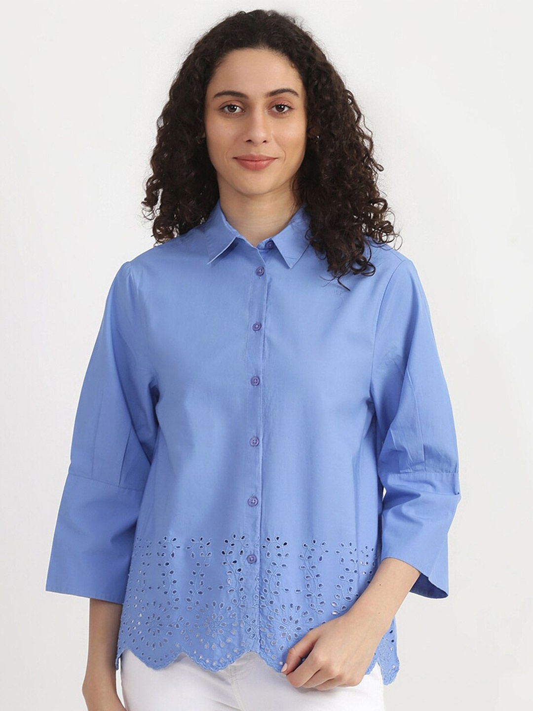 

United Colors of Benetton Women Olive Green Cotton Schiffli Casual Shirt