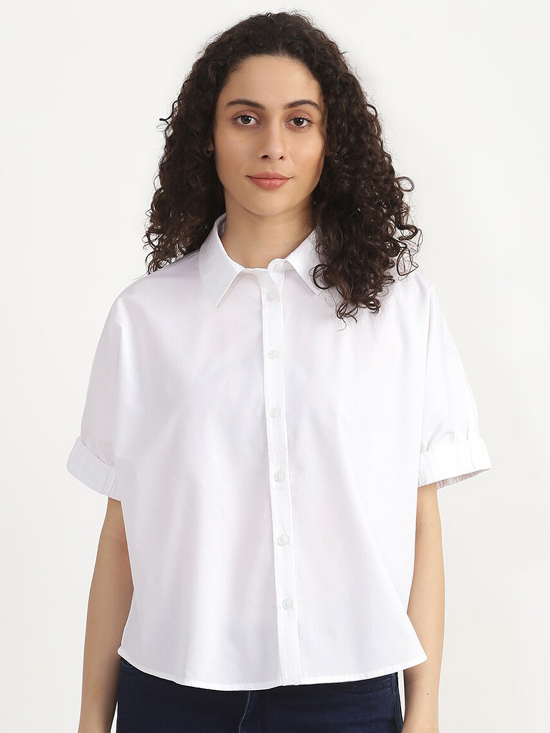 

United Colors of Benetton White Solid Extended Sleeves Shirt Style Top