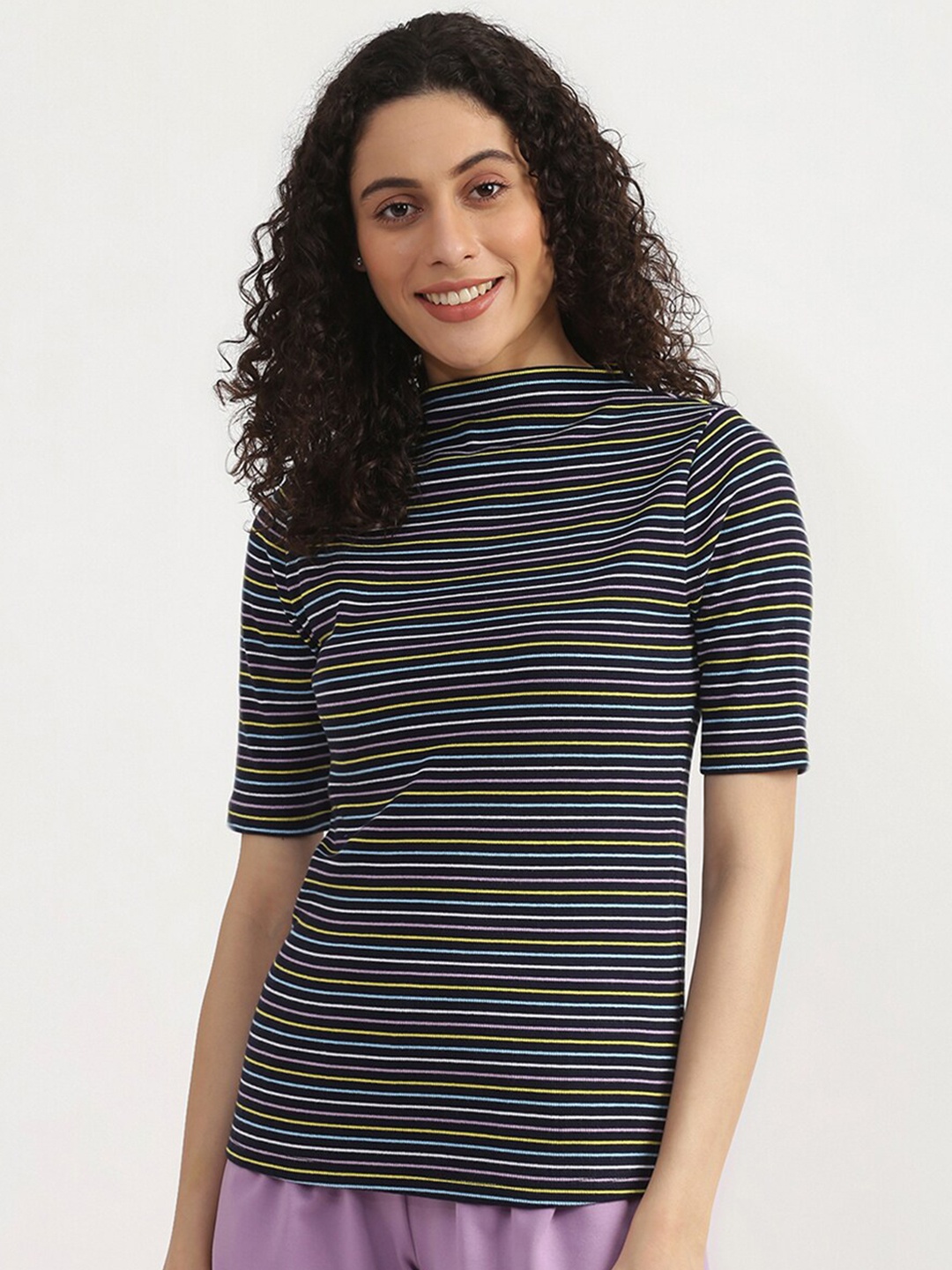 

United Colors of Benetton Women Navy Blue & White Striped High Neck Cotton T-shirt
