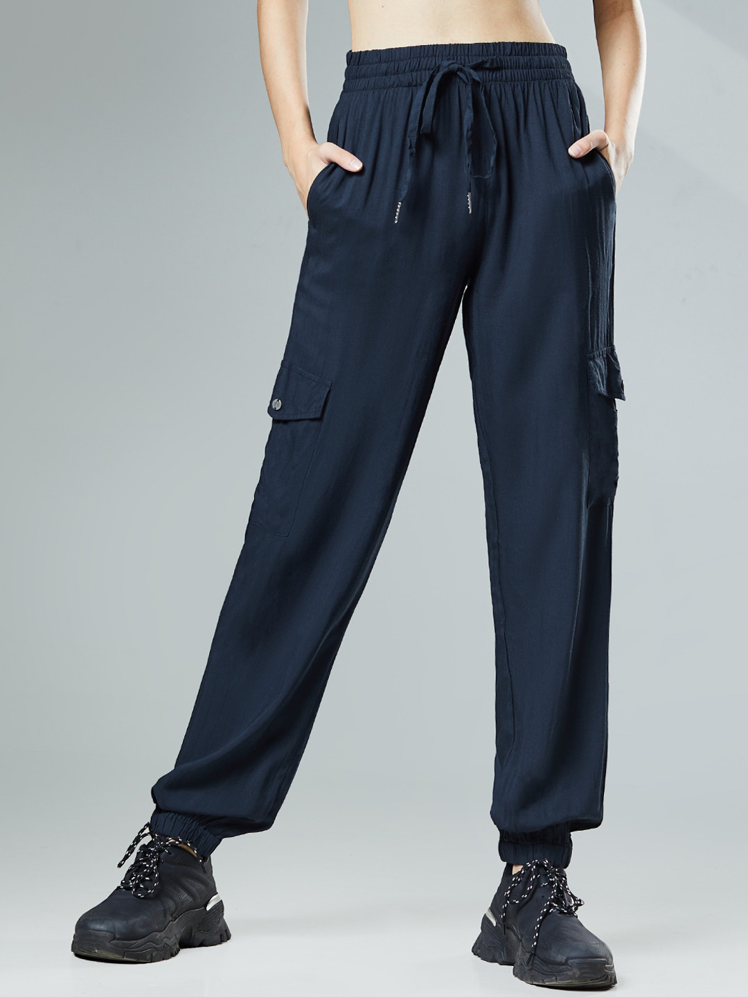

The Souled Store Women Solid Cargo Joggers, Navy blue