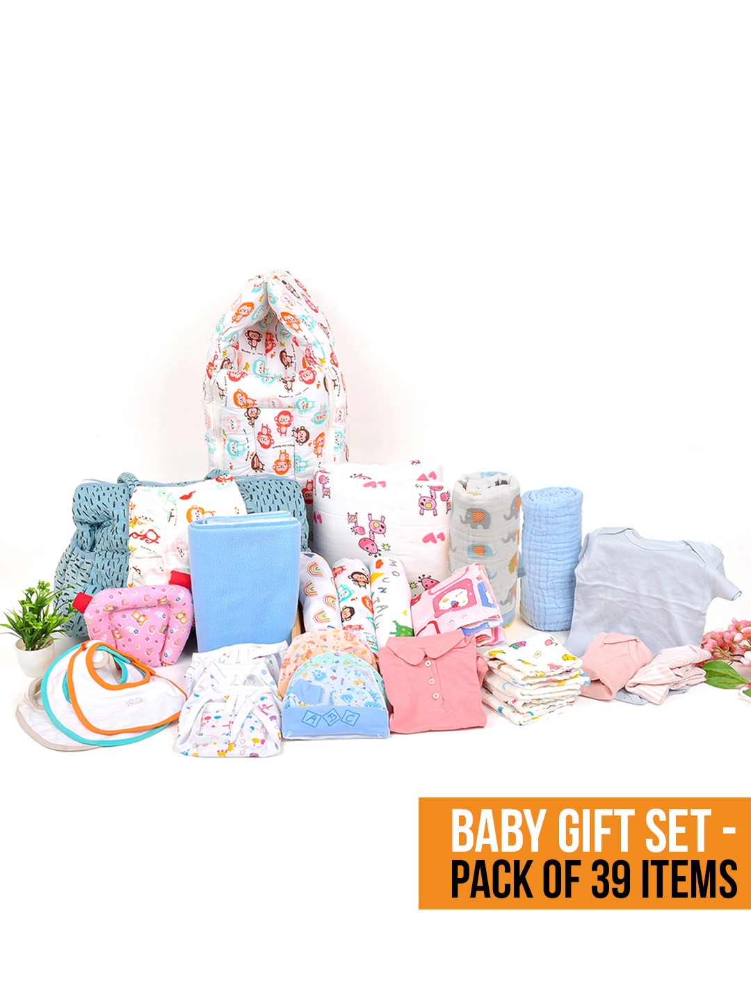 

Moms Home New Born Organic Cotton Baby Essentials Gift Set of 39 Items, Multi