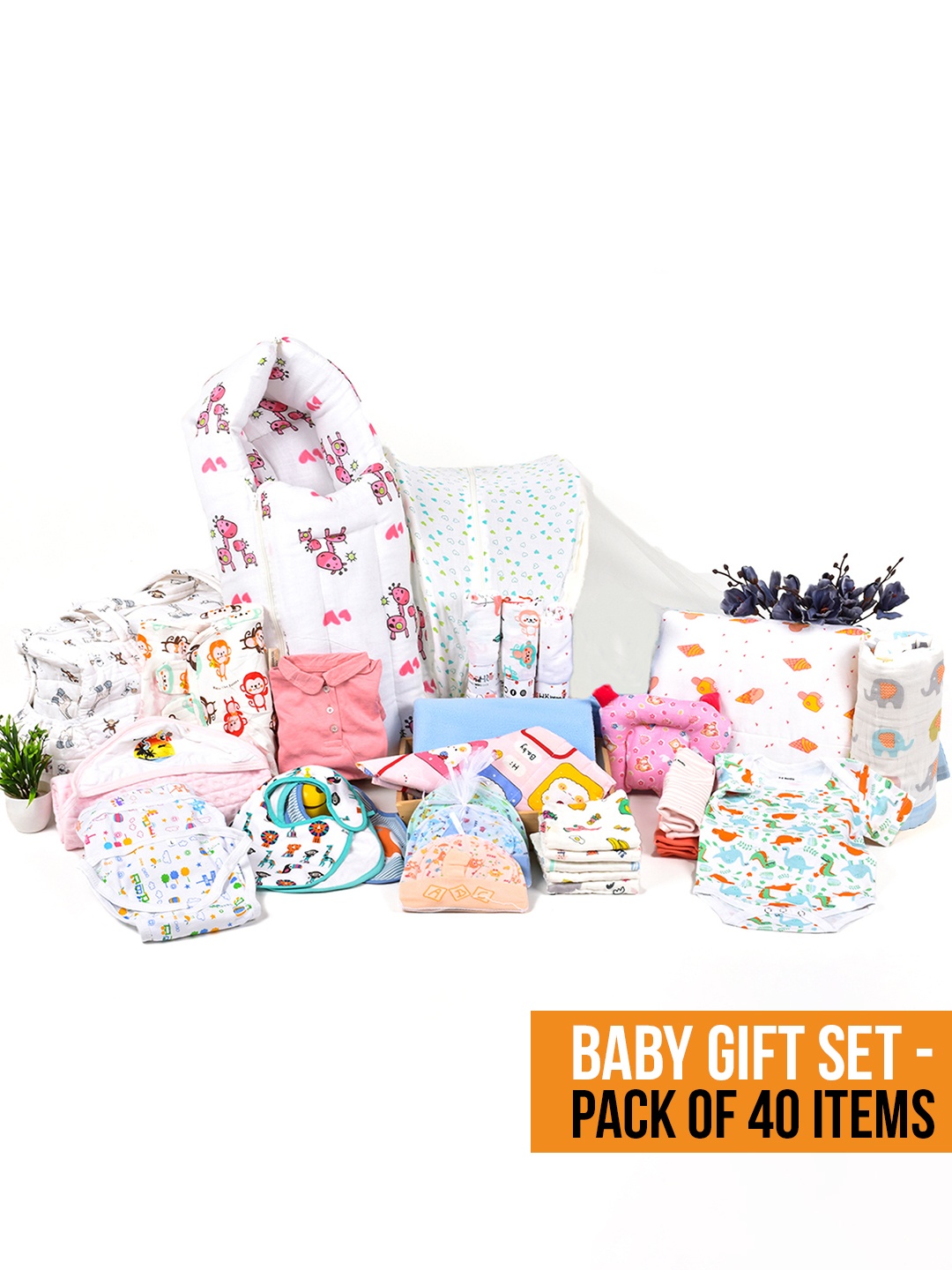 

Moms Home Set of 40 Infants Organic Cotton Baby Essentials Gift Pack, Multi