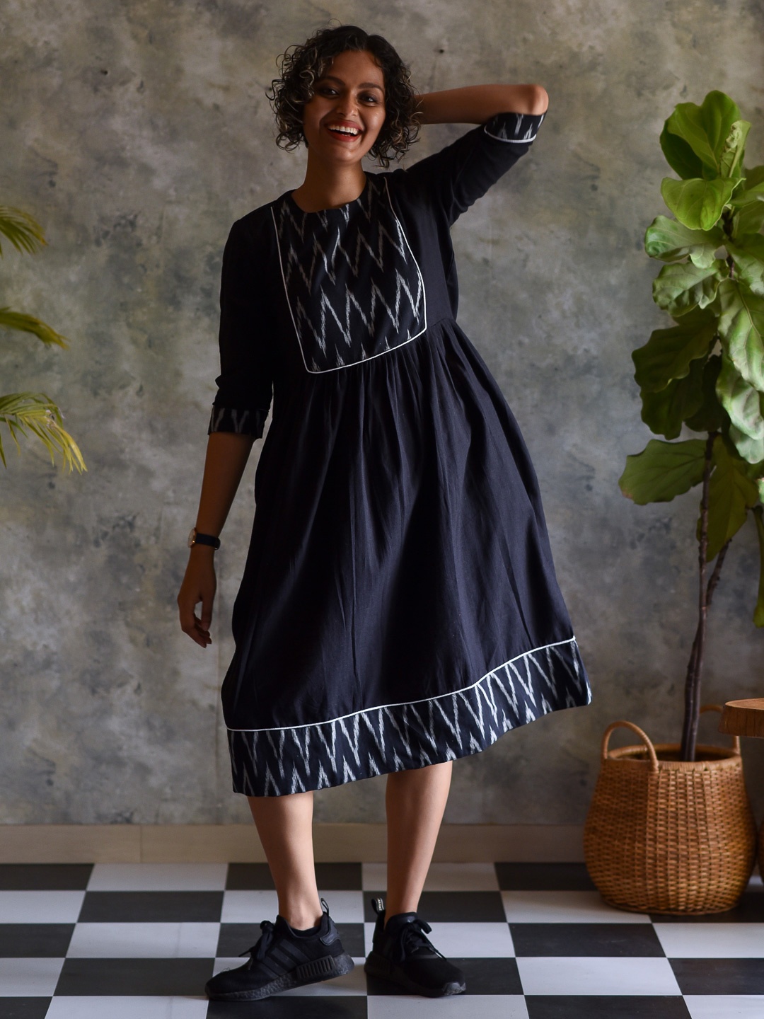 

Suta Black Self Design Cotton Fit & Flare Ethnic Dress