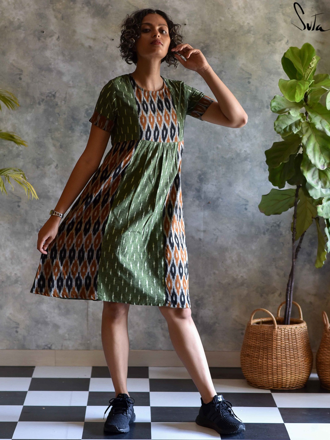 

Suta Women Green Ikat Printed Fit & Flare Ethnic Dress