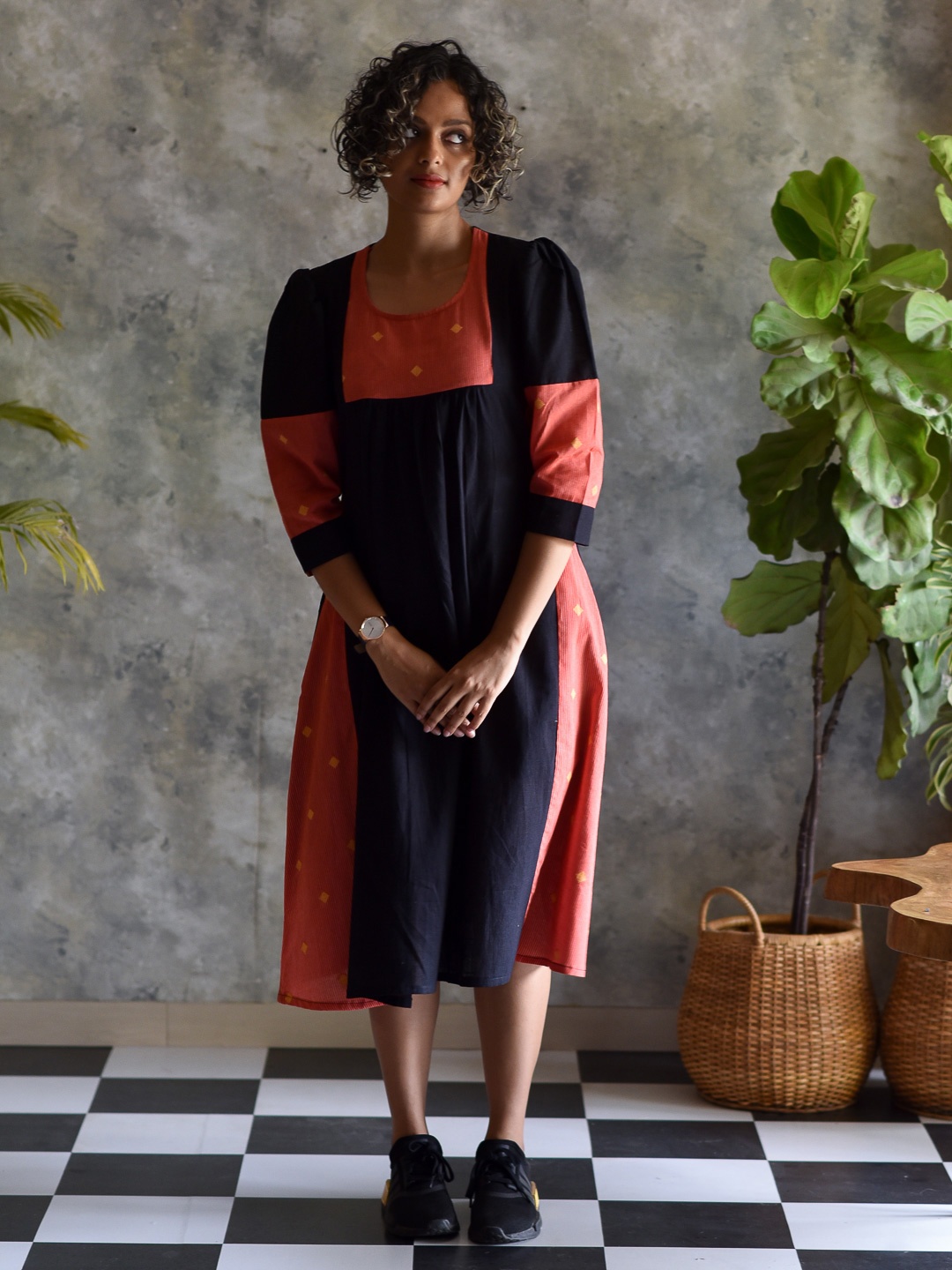 

Suta Black & Orange Colourblocked Ethnic A-Line Dress
